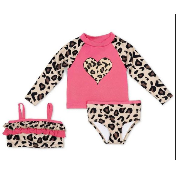 Girls 3pc Bathing Suit - Pink Leopard Bikini with Long Sleeve Rash Guard Shirt - Picture 1 of 3